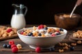 breakfast cereal with milk and berries. AI Generated Royalty Free Stock Photo