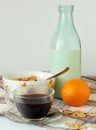 Breakfast cereal, milk and a cup of coffee Royalty Free Stock Photo