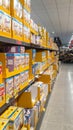 Breakfast cereal section in Aldi supermarket showing food goods for sale