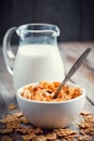 Breakfast cereal wheat flakes in bowl and milk jug Royalty Free Stock Photo