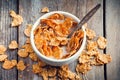 Breakfast cereal wheat flakes in bowl with milk Royalty Free Stock Photo