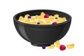 Breakfast with Cereals, Berries and Milk in Black Realistic Ceramic Bowl, Healthy Food, Dairy Source of Calcium Concept