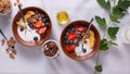 Breakfast of cereals and fruits with yoghurt in Clay bowls on a white tablecloth  top view Royalty Free Stock Photo
