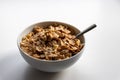 Breakfast cereals with healthy cornflakes and delicious walnuts and honey in a bowl are the perfect start in the day