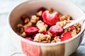 Breakfast with cereals and lyophilized strawberries Royalty Free Stock Photo