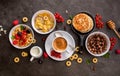 Breakfast cereals, pancakes, fresh berries and cup of coffee