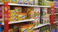 Breakfast cereals on a supermarket shelf. Royalty Free Stock Photo