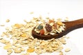 Breakfast cereals in wooden spoon. Healthy muesli with oat flakes, nuts and raisins isolated on white background. Royalty Free Stock Photo