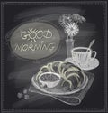 Breakfast chalkboard design with croissant and coffee.