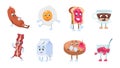 Breakfast characters. Breakfast food with cute kawaii faces, toast eggs jam milk coffee and bakery pastries. Vector