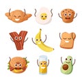 Breakfast characters. Morning food with funny doodle faces. Kawaii mascot clipart. Banana and avocado with greeting Royalty Free Stock Photo