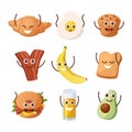 Breakfast characters. Morning food with funny doodle faces. Kawaii mascot clipart. Banana and avocado with greeting gestures.