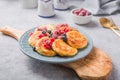Breakfast with cheesecake, fresh berries . Cottage cheese pancakes or curd fritters. Russian syrniki or sirniki