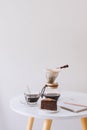 Breakfast with chocolate cake and coffee served on a beautiful living home Royalty Free Stock Photo