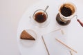 Breakfast with chocolate cake and coffee served on a beautiful living home Royalty Free Stock Photo