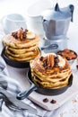 Breakfast - chocolate chip pancakes with coffee and juice