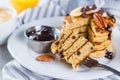 Breakfast - chocolate chip pancakes with coffee and juice