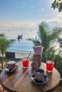 breakfast with coffee at the beach of Koh Lipe Island Southern Thailand Royalty Free Stock Photo