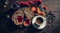 Breakfast with Coffee, Bread, Jam, and Fruits on Wooden Table ai-generated Royalty Free Stock Photo