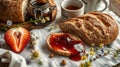 Breakfast with Coffee, Bread, Jam, and Fruits on Wooden Table ai-generated Royalty Free Stock Photo