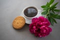 Breakfast with coffee and cookies with peony on a gray background