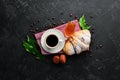 Breakfast. Coffee, croissant and macaroons. Royalty Free Stock Photo