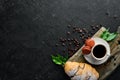 Breakfast. Coffee, croissant and macaroons. Royalty Free Stock Photo