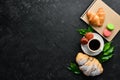 Breakfast. Coffee, croissant and macaroons. Royalty Free Stock Photo