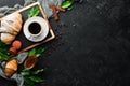 Breakfast. Coffee, croissant and macaroons. Royalty Free Stock Photo