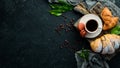 Breakfast. Coffee, croissant and macaroons. Royalty Free Stock Photo