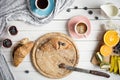 Breakfast with coffee,croissants,muffins and fruits on white wooden table.