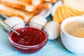 Breakfast with coffee, eggs, toasts, cheese, jam Royalty Free Stock Photo