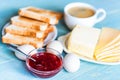 Breakfast with coffee, eggs, toasts, cheese, jam Royalty Free Stock Photo