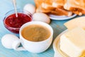 Breakfast with coffee, eggs, toasts, cheese, jam Royalty Free Stock Photo