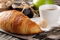 Breakfast with coffee, french croissant and jam