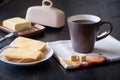 Breakfast with coffee and fresh sandwiches with cheese