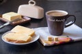 Breakfast with coffee and fresh sandwiches with cheese