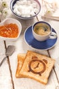 Breakfast, coffee, jam and toast with a alarm clock pattern