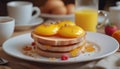 Breakfast with coffee, orange juice and pancakes on a wooden table. Generative AI
