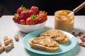 Breakfast with coffee and sandwiches with peanut paste and strawberries Royalty Free Stock Photo