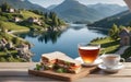 Breakfast with coffee and sandwiches on wooden table against lake in mountains