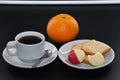 Breakfast with coffee, toast, cheese and fruit,