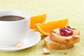 Breakfast with coffee, toast ,cherry jam and orange Royalty Free Stock Photo