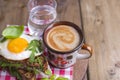 Breakfast with coffee, toasts, butter and jam on wooden background. Above