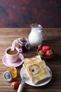 Breakfast with coffee, toasts, strawberry and jam Royalty Free Stock Photo