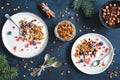 Breakfast with homemade cranberry granola, pomegranate and yogurt Royalty Free Stock Photo