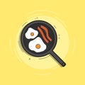 Breakfast concept. Appetizing delicious breakfast, fried egg with bacon in a Pan. Vector illustration flat design.