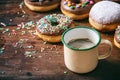 Coffee donuts and krepfen, sprinkles and powder sugar, many on wooden table background.