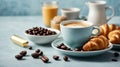 Breakfast concept. Coffee espresso in white cup, coffee beans, capsules, croissants Royalty Free Stock Photo