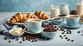 Breakfast concept. Coffee espresso in white cup, coffee beans, capsules, croissants Royalty Free Stock Photo